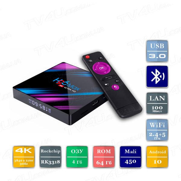 Смарт ТВ приставка H96 MAX 4/64 Гб Smart TV Box Android TV4U.com.ua - ТВ приставки