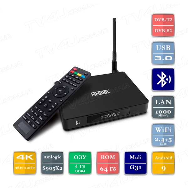 Mecool K7 DVB S2+T2/C 4/64 Гб Smart TV Box ТВ приставка TV4U.com.ua - ТВ приставки