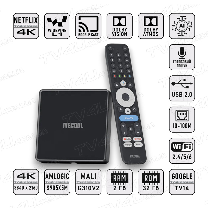 Смарт ТВ приставка Mecool MEon1 NETFLIX 2/32 Гб Google TV 14 Smart Box TV4U.com.ua - ТВ приставки Mecool MEon1