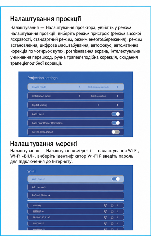 Настройки проекции и сети Magcubic HY450 MAX